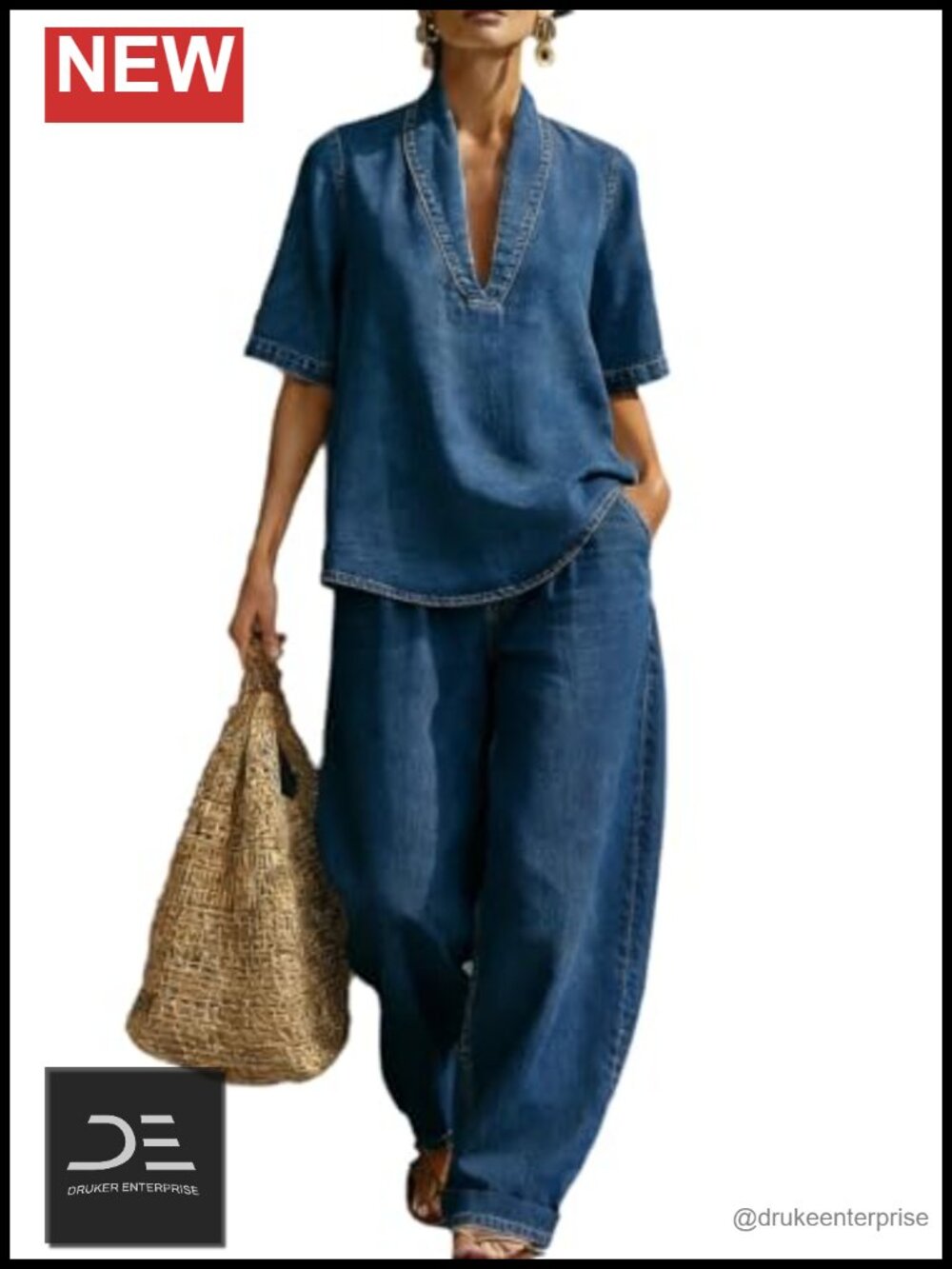 Denim Two Piece Set V Neck Short Sleeve Blouse Wide Leg Pants Casual Outfit